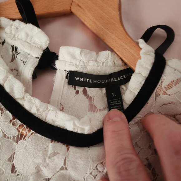 White House Black Market Lace Top L | White Floral Scalloped Hem Bow Back Blouse - Picture 3 of 5